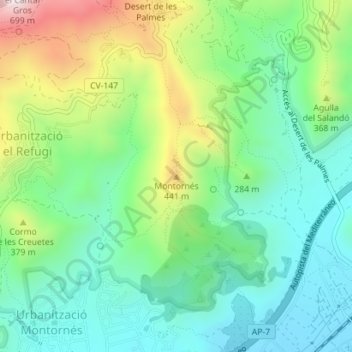 Mapa topográfico Montornés, altitud, relieve