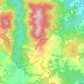 Mapa topográfico Montecastelli Pisano, altitud, relieve
