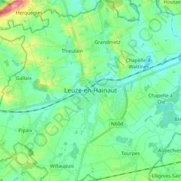 Mapa topográfico Leuze-en-Hainaut, altitud, relieve