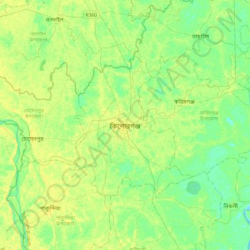 Mapa topográfico Kishoreganj, altitud, relieve