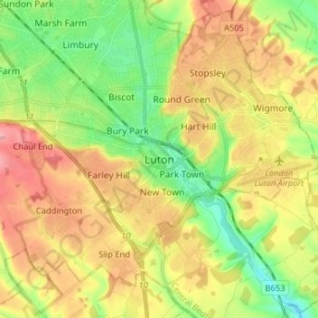 Mapa topográfico Luton, altitud, relieve