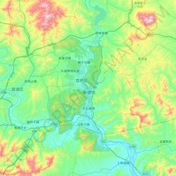 Mapa topográfico 承德市, altitud, relieve