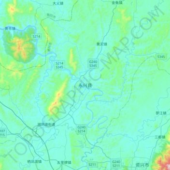 Mapa topográfico 永兴县, altitud, relieve
