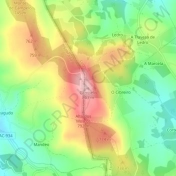 Mapa topográfico Campelo, altitud, relieve
