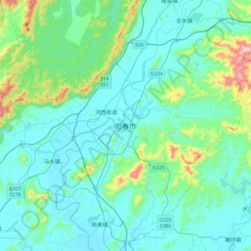Mapa topográfico 阳春市, altitud, relieve