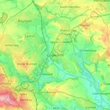 Mapa topográfico Cudworth, altitud, relieve