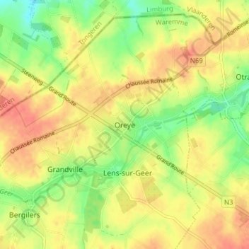 Mapa topográfico Oreye, altitud, relieve