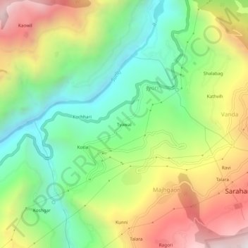 Mapa topográfico Tyawal, altitud, relieve