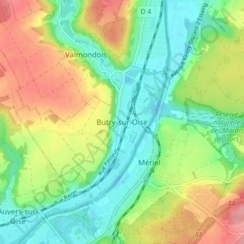 Mapa topográfico Butry-sur-Oise, altitud, relieve
