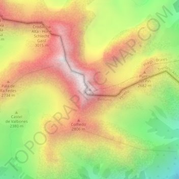 Mapa topográfico Croda Rossa d'Ampezzo, altitud, relieve