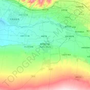 Mapa topográfico 察布查尔县, altitud, relieve
