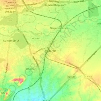 Mapa topográfico Podanur, altitud, relieve