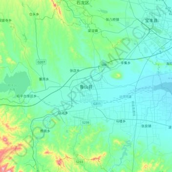 Mapa topográfico 鲁山县, altitud, relieve