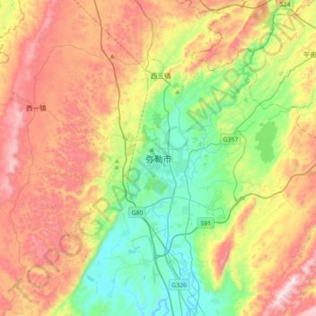 Mapa topográfico 弥勒市, altitud, relieve