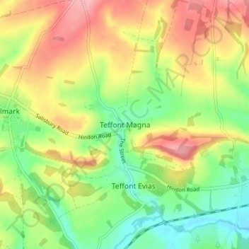 Mapa topográfico Teffont Magna, altitud, relieve