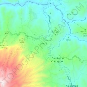 Mapa topográfico Osicala, altitud, relieve
