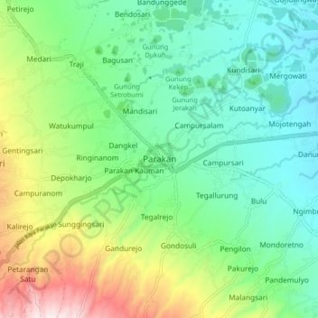 Mapa topográfico Parakan, altitud, relieve