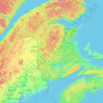 Mapa topográfico Nouveau-Brunswick, altitud, relieve