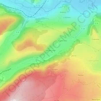 Mapa topográfico Auzolles-Haut, altitud, relieve