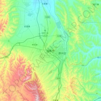 Mapa topográfico 固原市, altitud, relieve