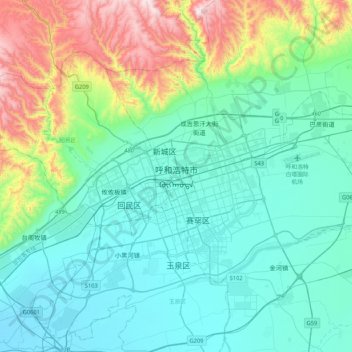 Mapa topográfico 呼和浩特市, altitud, relieve