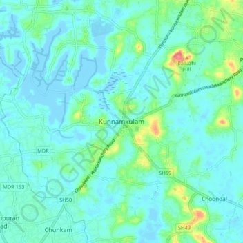 Mapa topográfico Kunnamkulam, altitud, relieve
