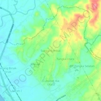 Mapa topográfico Sungai Rambai, altitud, relieve