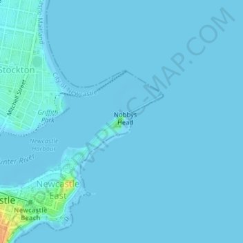 Mapa topográfico Nobbys Lighthouse, altitud, relieve