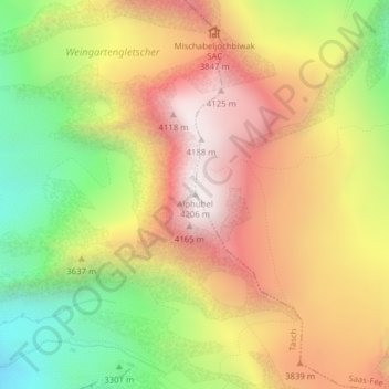 Mapa topográfico Alphubel, altitud, relieve
