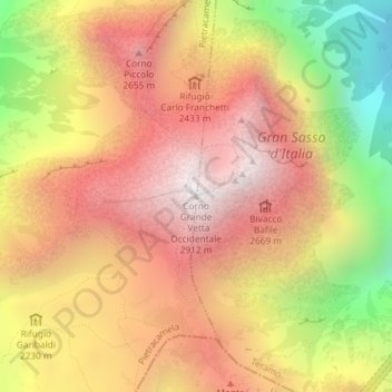 Mapa topográfico Corno Grande - Vetta Occidentale, altitud, relieve
