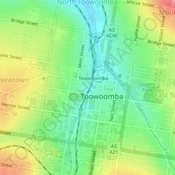 Mapa topográfico Toowoomba City, altitud, relieve