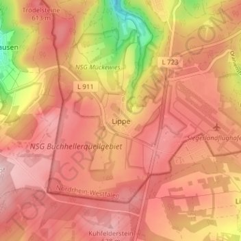 Mapa topográfico Lippe, altitud, relieve