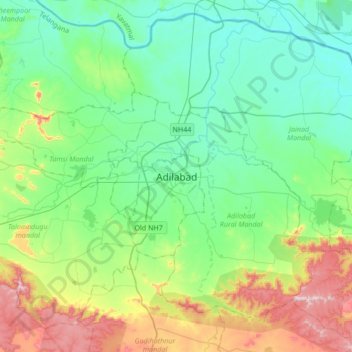 Mapa topográfico Adilabad, altitud, relieve
