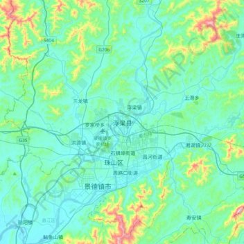 Mapa topográfico 浮梁县, altitud, relieve