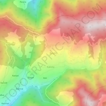 Mapa topográfico Baghi, altitud, relieve