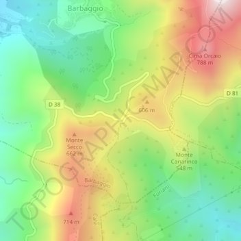 Mapa topográfico Col de Teghime, altitud, relieve