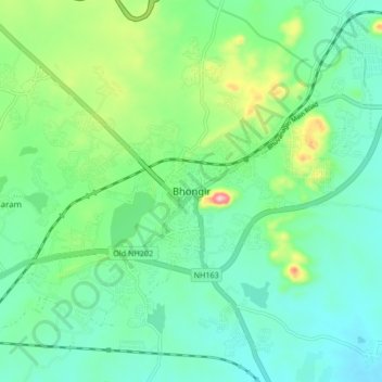 Mapa topográfico Bhongir, altitud, relieve