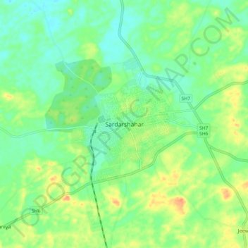 Mapa topográfico Sardarshahar, altitud, relieve