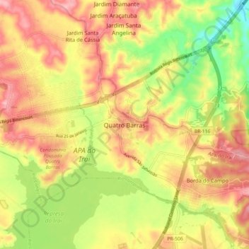 Mapa topográfico Quatro Barras, altitud, relieve