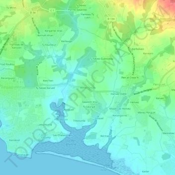 Mapa topográfico Menez Groas, altitud, relieve