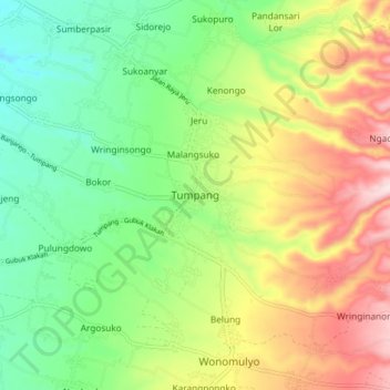 Mapa topográfico Tumpang, altitud, relieve