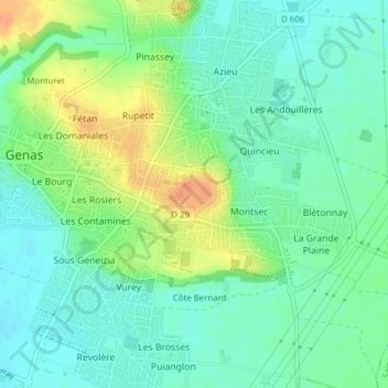 Mapa topográfico Fort de Genas, altitud, relieve