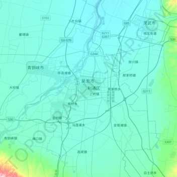 Mapa topográfico 吴忠市, altitud, relieve