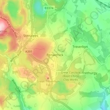 Mapa topográfico Penwithick, altitud, relieve
