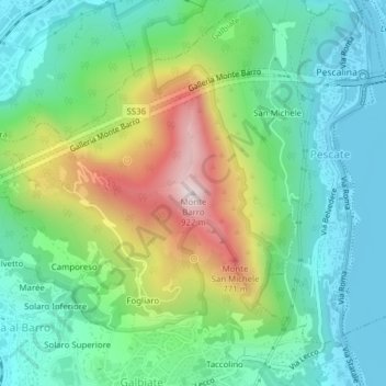 Mapa topográfico Monte Barro, altitud, relieve