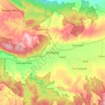 Mapa topográfico Montong, altitud, relieve