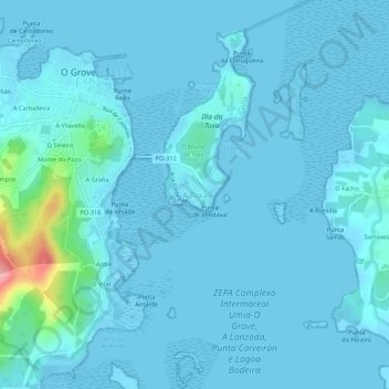 Mapa topográfico La Toja, altitud, relieve