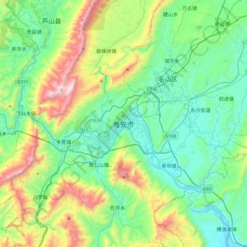 Mapa topográfico 雅安市, altitud, relieve