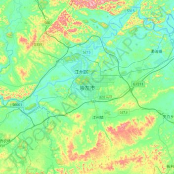 Mapa topográfico Chongzuo, altitud, relieve