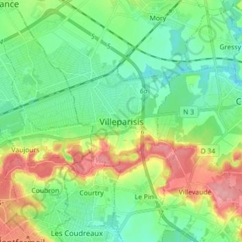 Mapa topográfico Villeparisis, altitud, relieve